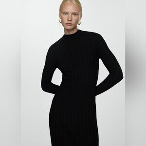 Mango Black Perkins neck ribbed dress NWT
